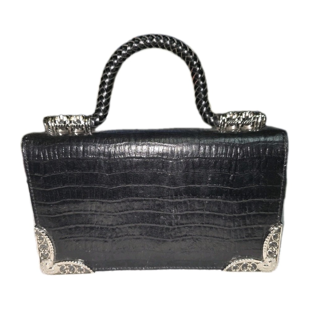 Brighton Black Croc Embossed Clutch Handbag Crystal Accents Braided Handle